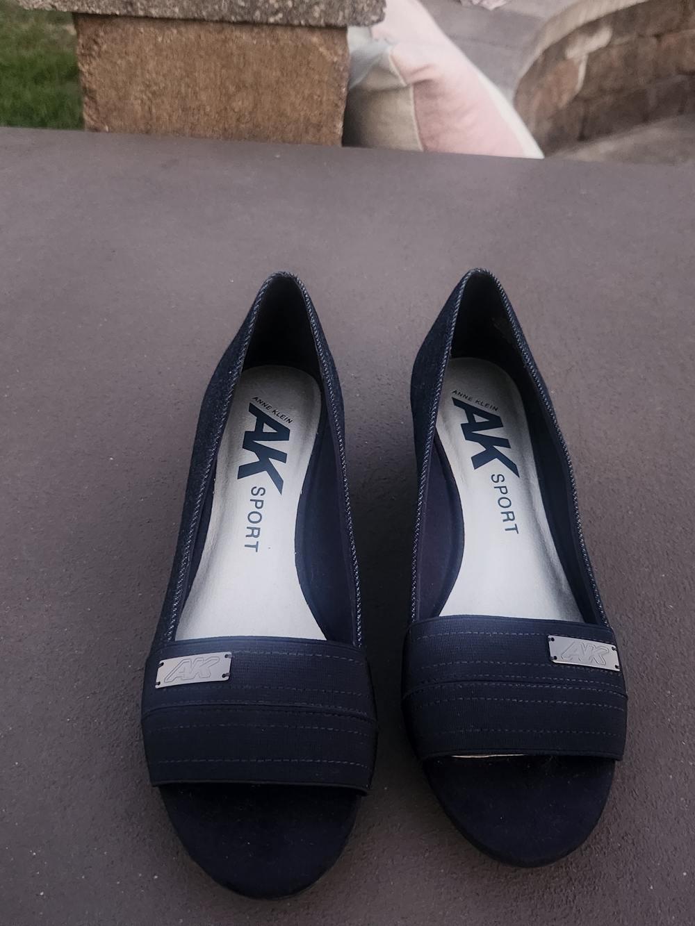 Anne Klein Navy Open-Toe Wedge Flats